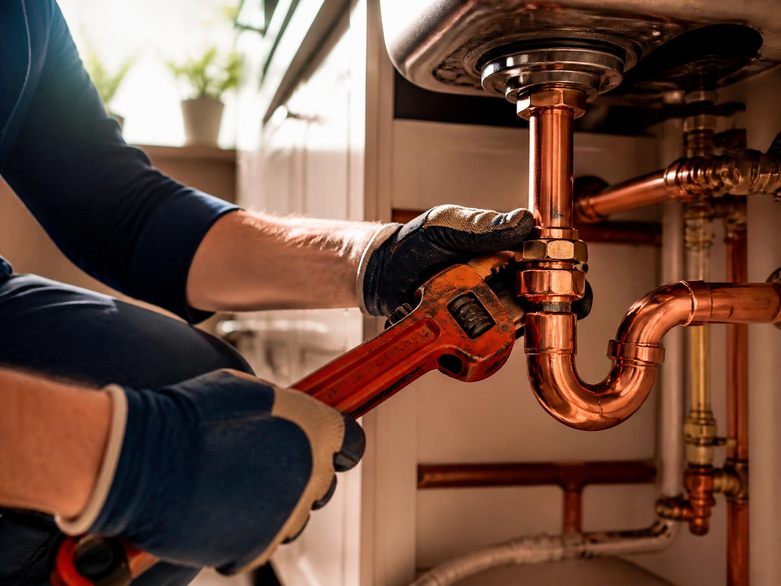 Plumber tightening a copper pipe fitting under a sink