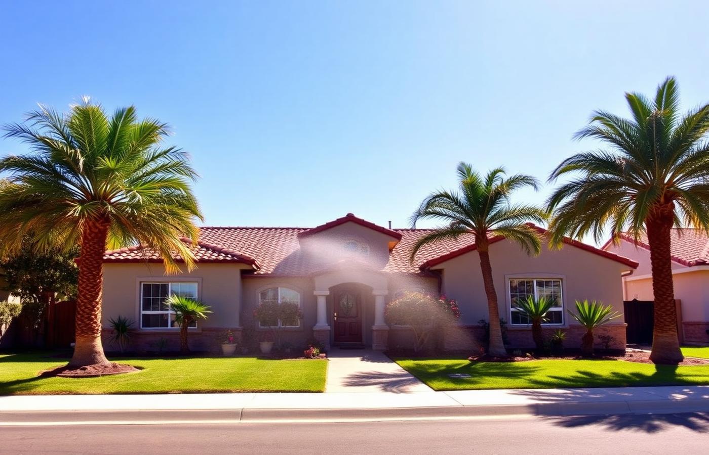 Single story home with palm trees and a running front yard sprinkler in Ontario, California
