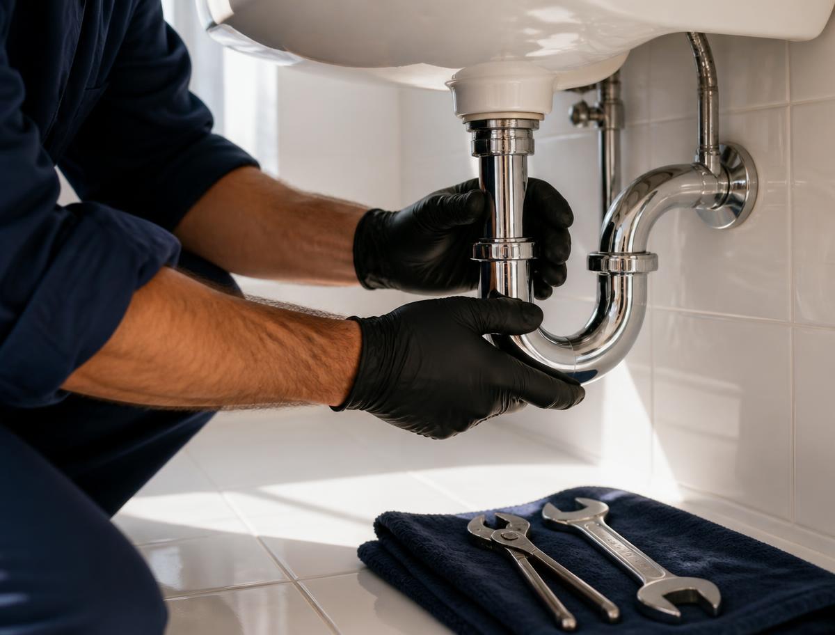 Gloved hands fitting a chrome P-trap under a bathroom sink